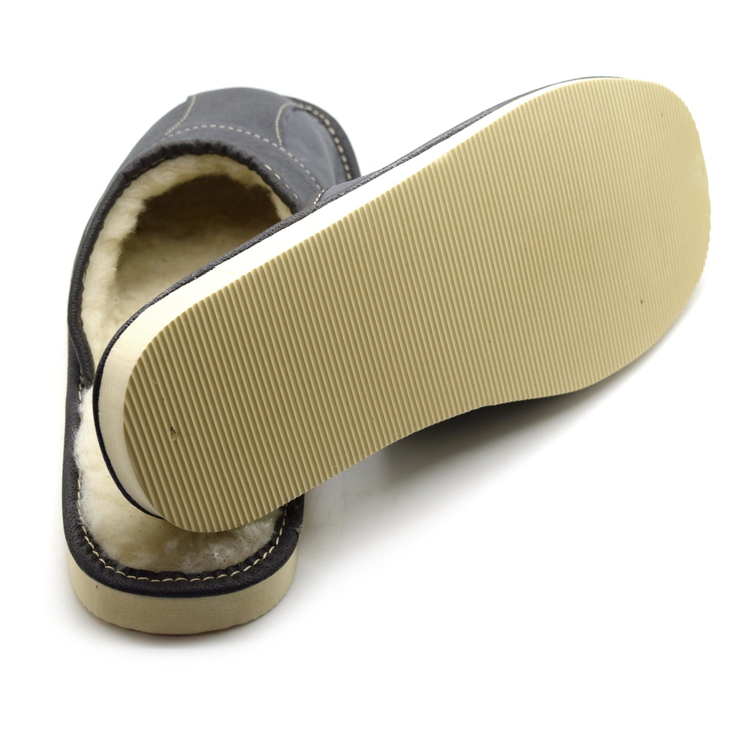 Men's Natural Leather Slippers with Warm and Cosy Fur Lining, Comfort Winter Slip On Mules (Graphite Grey, Size: 10.5 UK / 45 EU)