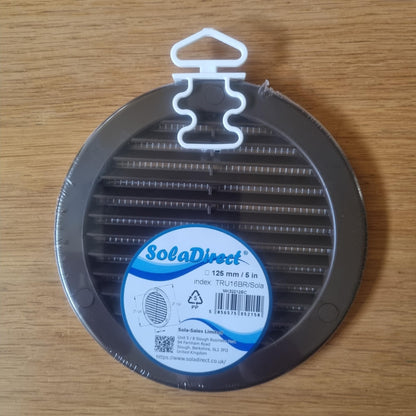 Brown Louvred Wall Vent Grille with Flyscreen and Screw Covers, 125 mm / 5 in, Air Ventilation Duct Cover with Flat Back