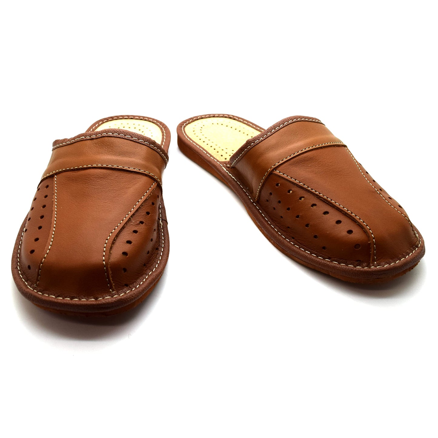 Men's Natural Leather Slippers Shoes, Closed Toe Comfortable Slip-On Sandals Mules for Gents (Brown, Size: 6 UK / 40 EU)