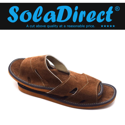 Men's Natural Suede Leather Slippers Shoes, Open Toe Comfortable Slip-On Sandals Mules for Gents (Brown, Size: 7 UK / 41 EU)