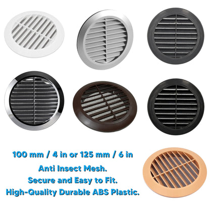 Beige Louvred Wall Vent Grille with Flyscreen for 125 mm / 5" Round Wall Outlet - Air Ventilation Duct Cover with Flange