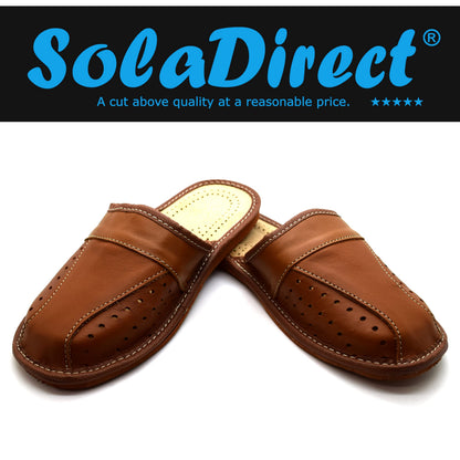 Men's Natural Leather Slippers Shoes, Closed Toe Comfortable Slip-On Sandals Mules for Gents (Brown, Size: 9 UK / 43 EU)