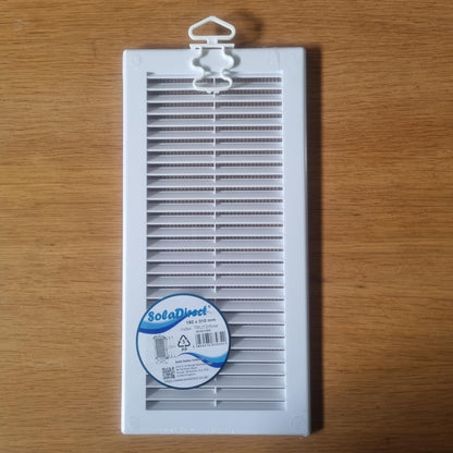 White Louvred Wall Vent Grille with Flyscreen and Screw Covers, 150 x 310 mm, Air Ventilation Duct Cover with Flat Back