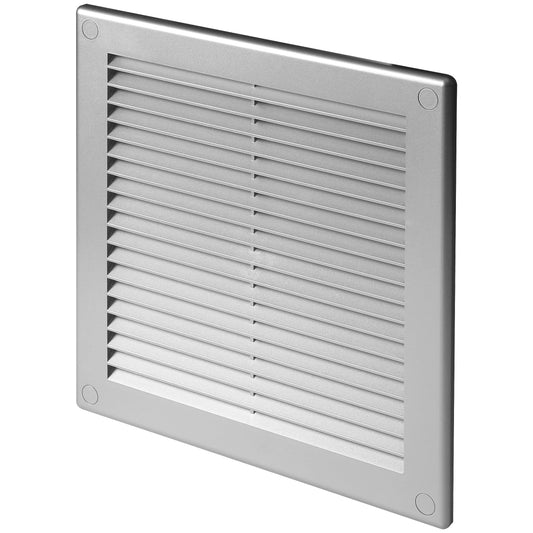 Silver Louvred Wall Vent Grille with Flyscreen and Screw Covers, 250 x 250 mm, Air Ventilation Duct Cover with Flat Back