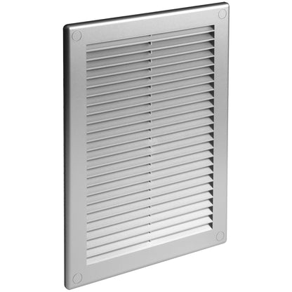 Silver Louvred Wall Vent Grille with Flyscreen and Screw Covers, 200 x 300 mm, Air Ventilation Duct Cover with Flat Back