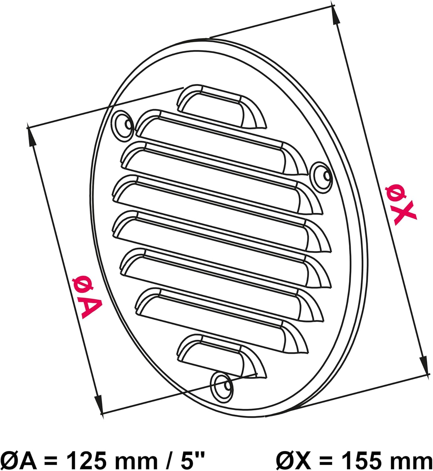 Brown Louvred Wall Vent Grille with Flyscreen, Fits 125 mm / 5 in Ducts, Round Ventilation Grille with Flat Back