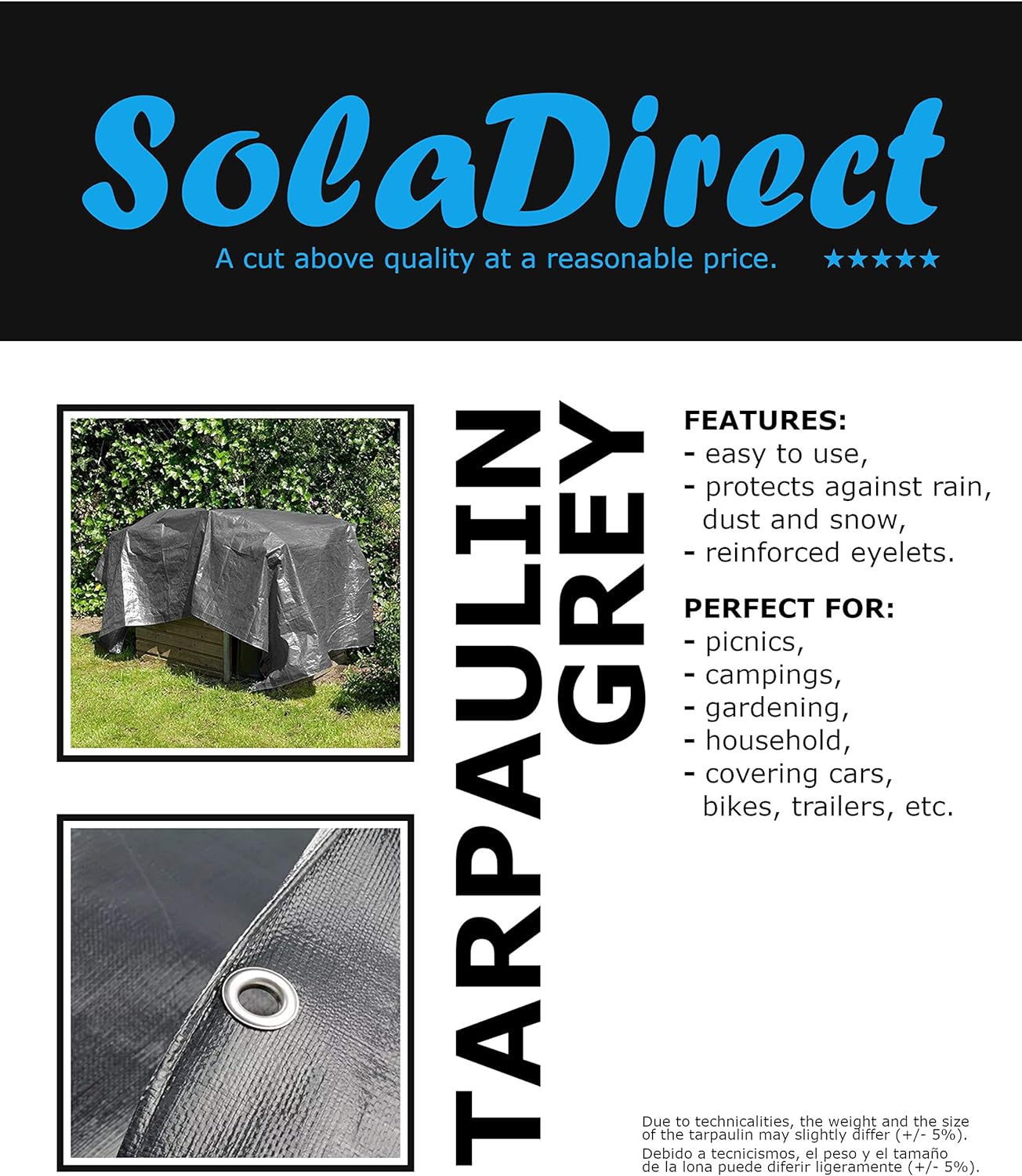 3 x 3 m Tarpaulin Cover - Grey 200GSM - Waterproof, Frost-Resistant, UV Protection, Multipurpose, Groundsheet