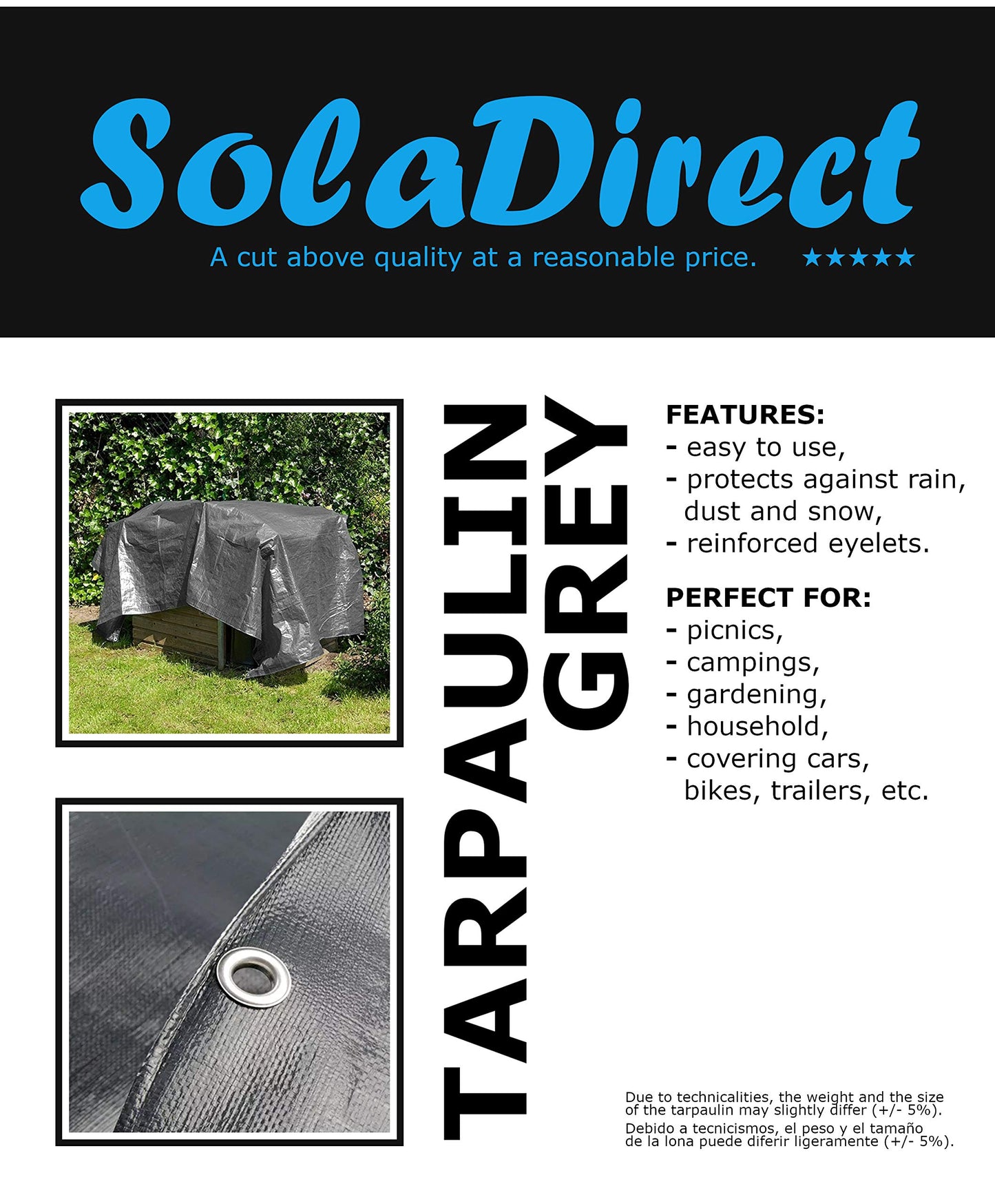 1.5 x 2 m Tarpaulin Waterproof Heavy Duty Cover Ground Sheet Camping with 4 Tarp Clips + 10m / 30ft Bungee Cord (Grey - 200GSM)