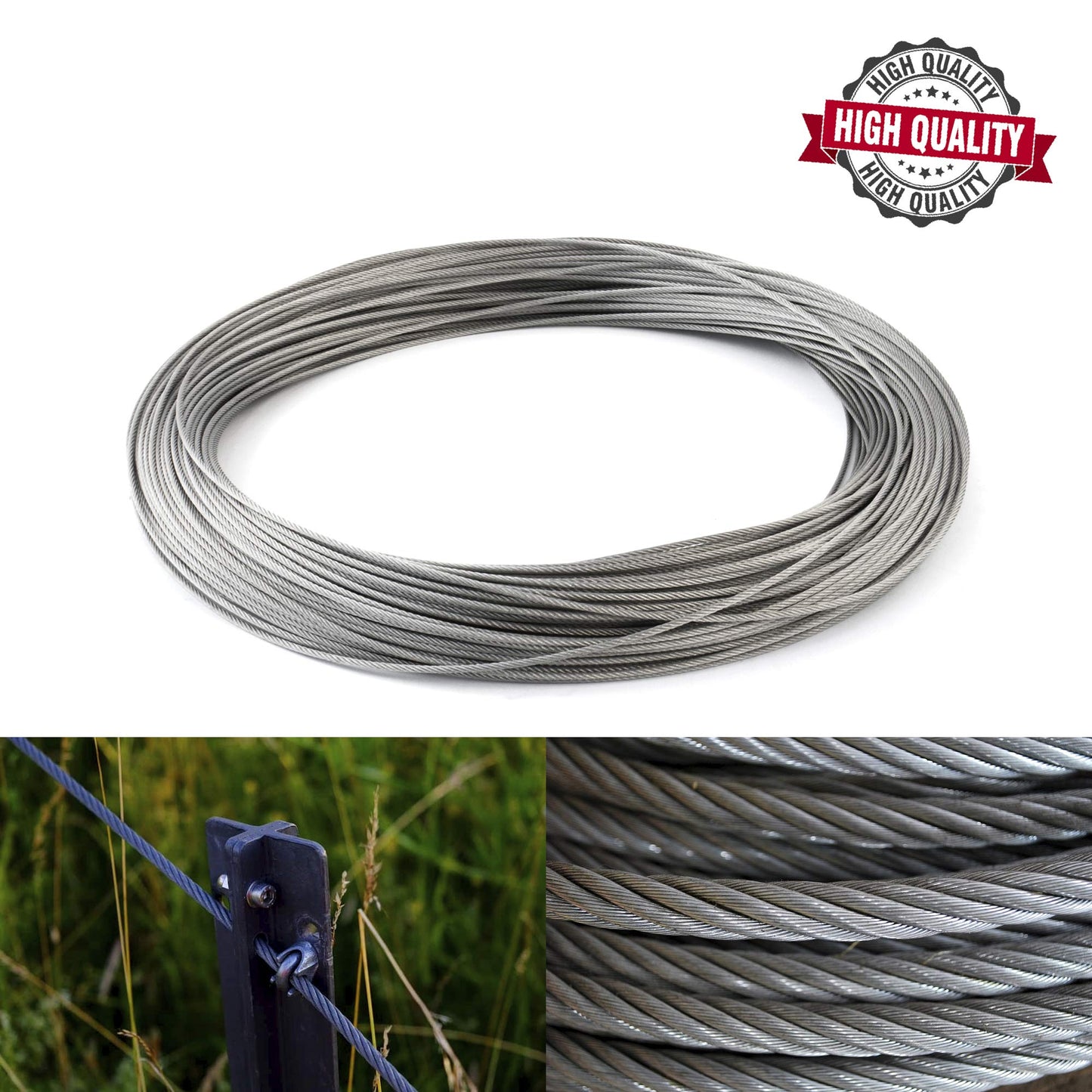 4 mm Thick Wire Rope Wire Cable - 50 metres / 164.04 ft - Galvanised Metal Steel Rope