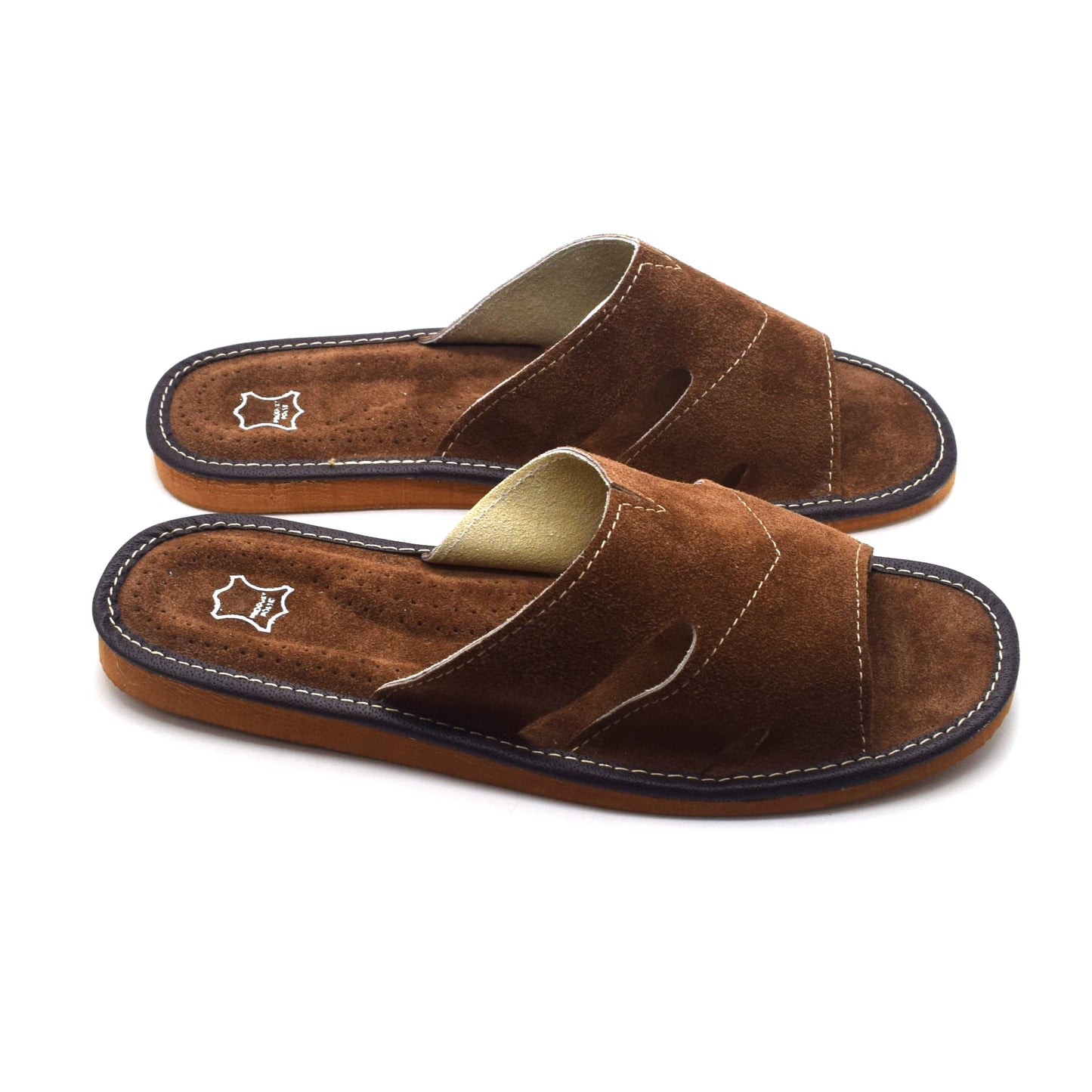 Men's Natural Suede Leather Slippers Shoes, Open Toe Comfortable Slip-On Sandals Mules for Gents (Brown, Size: 11 UK / 46 EU)