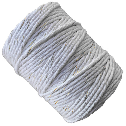 Macrame Cord Twine Natural Cotton String Craft Artisan Thread Twisted Macramé (White with Gold Thread, 2 mm x 300 m / 984 ft)