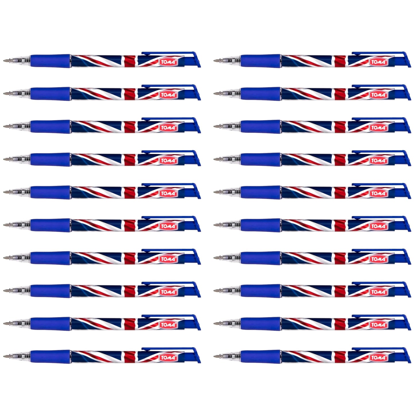 Ballpoint Pens with the United Kingdom Flag / Union Jack Motive, Pack of 20, Blue Ink, Retractable Smudge Free Pens, 0.5 mm Point
