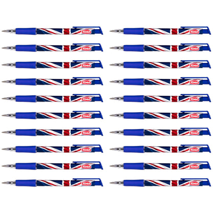 Ballpoint Pens with the United Kingdom Flag / Union Jack Motive, Pack of 20, Blue Ink, Retractable Smudge Free Pens, 0.5 mm Point