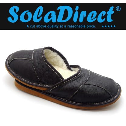 Men's Natural Leather Slippers with Warm and Cosy Fur Lining, Comfort Winter Slip On Mules (Dark Brown, Size: 10.5 UK / 45 EU)