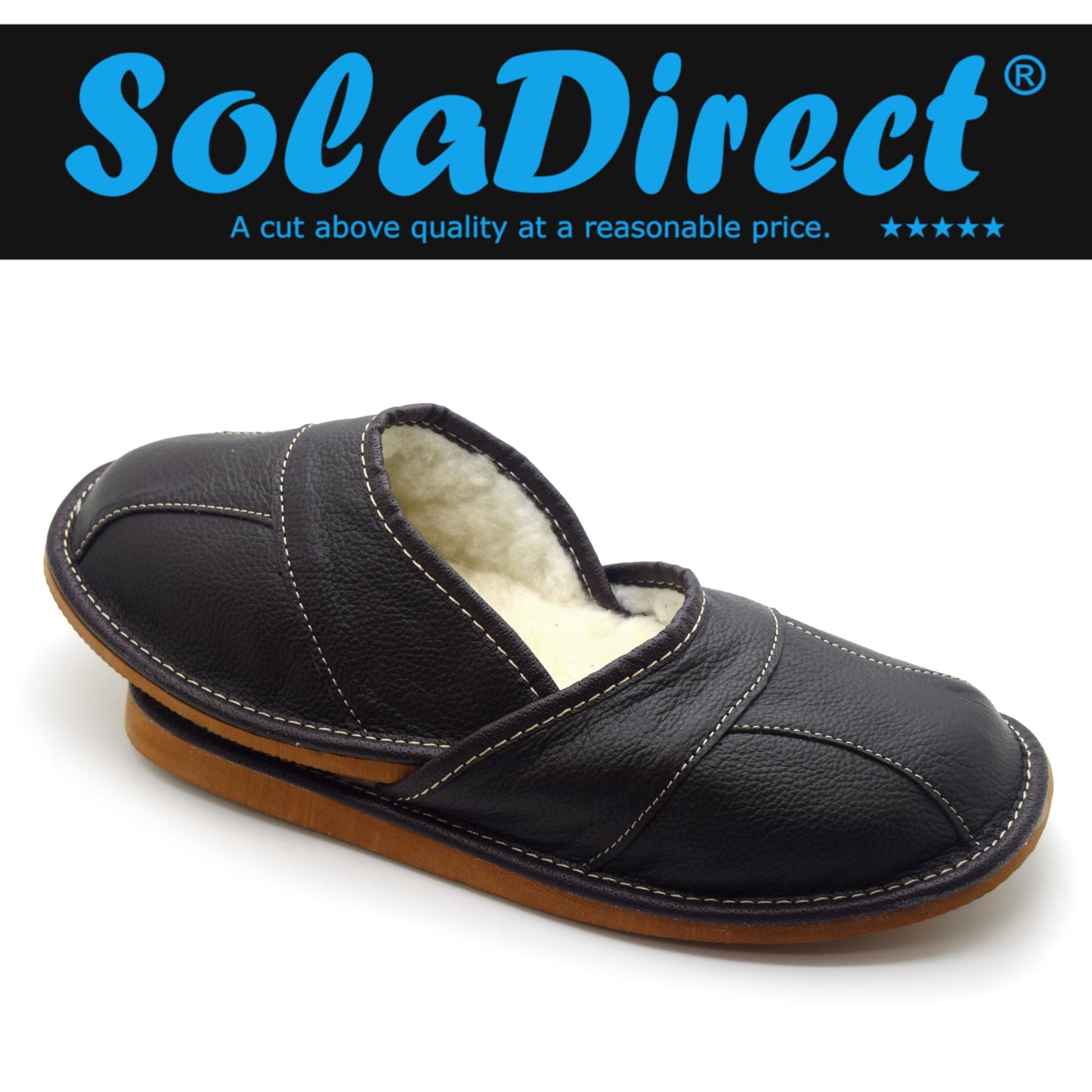 Men's Natural Leather Slippers with Warm and Cosy Fur Lining, Comfort Winter Slip On Mules (Dark Brown, Size: 9 UK / 43 EU)