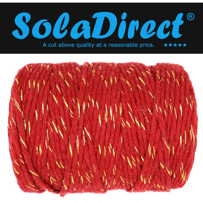Macrame Cord Twine Natural Cotton String Craft Artisan Thread Twisted Macramé (Red with Gold Thread, 3 mm x 200 m / 656 ft)