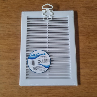 White Louvred Wall Vent Grille with Flyscreen and Screw Covers, 180 x 250 mm, Air Ventilation Duct Cover with Flat Back