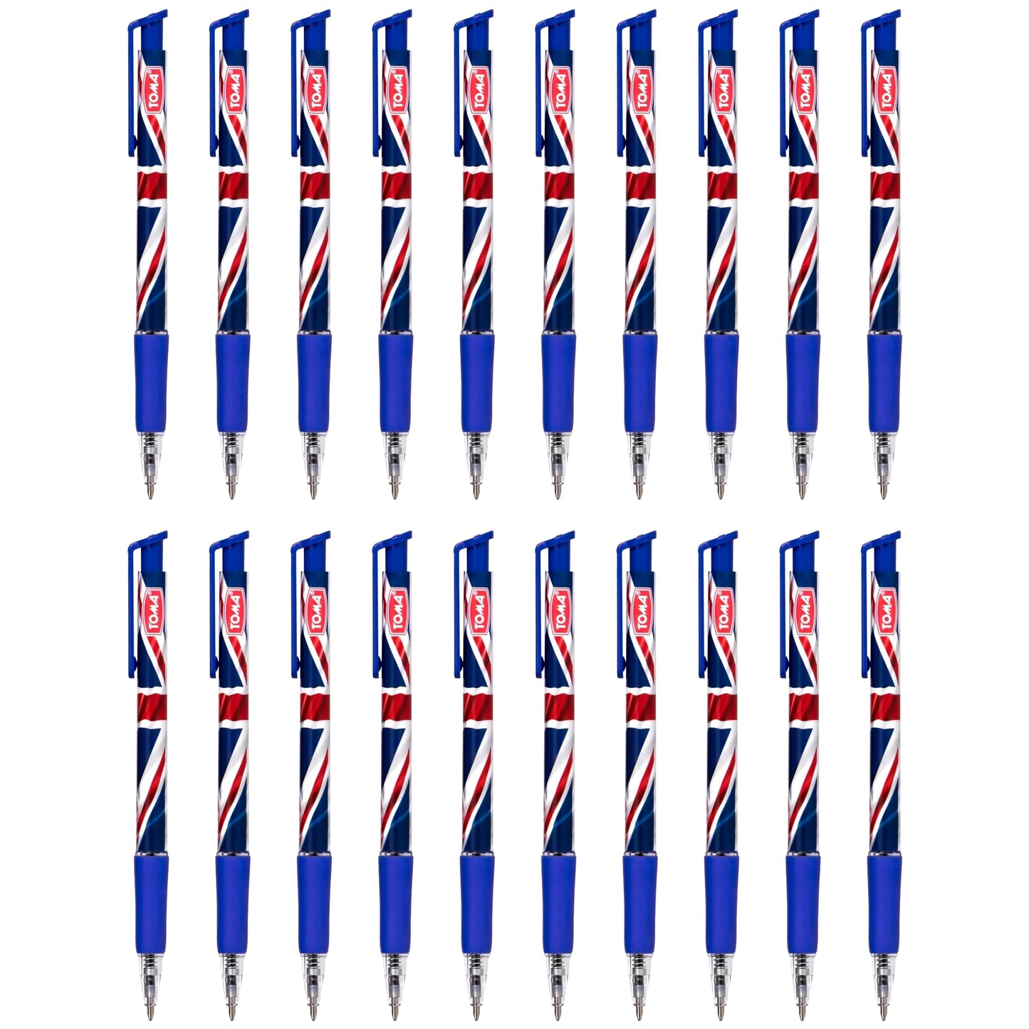 Ballpoint Pens with the United Kingdom Flag / Union Jack Motive, Pack of 20, Blue Ink, Retractable Smudge Free Pens, 0.5 mm Point