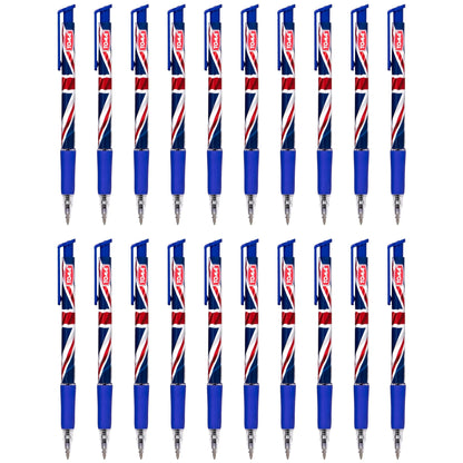 Ballpoint Pens with the United Kingdom Flag / Union Jack Motive, Pack of 20, Blue Ink, Retractable Smudge Free Pens, 0.5 mm Point
