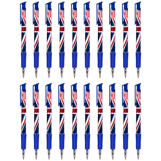 Ballpoint Pens with the United Kingdom Flag / Union Jack Motive, Pack of 20, Blue Ink, Retractable Smudge Free Pens, 0.5 mm Point