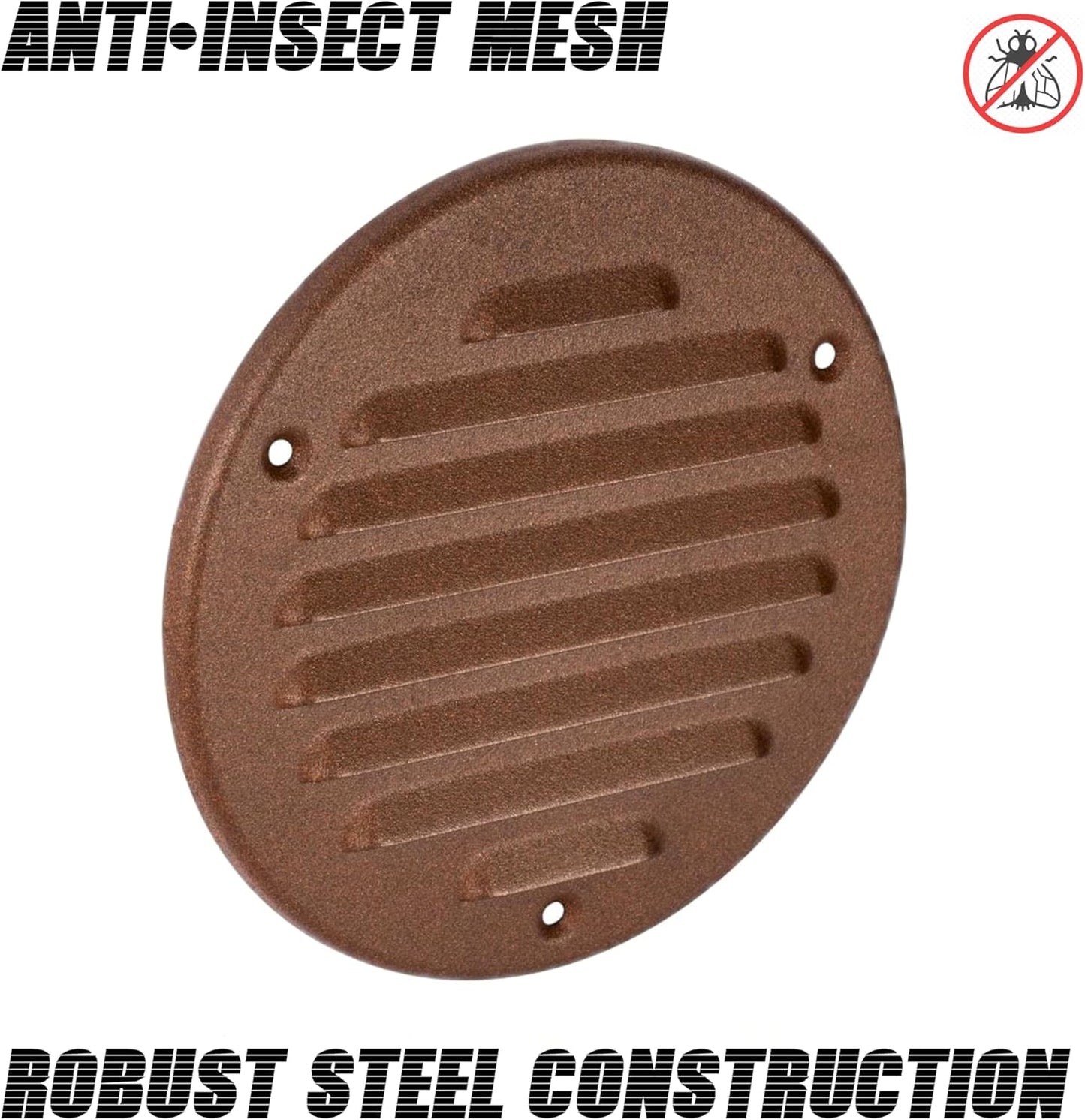 Brown Louvred Wall Vent Grille with Flyscreen, Fits 125 mm / 5 in Ducts, Round Ventilation Grille with Flat Back