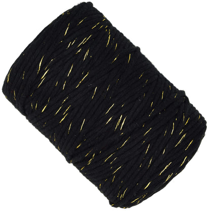 Macrame Cord Twine Natural Cotton String Craft Artisan Thread Twisted Macramé (Black with Gold Thread, 3 mm x 100 m / 328 ft)