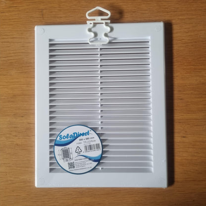White Louvred Wall Vent Grille with Flyscreen and Screw Covers, 200 x 250 mm, Air Ventilation Duct Cover with Flat Back