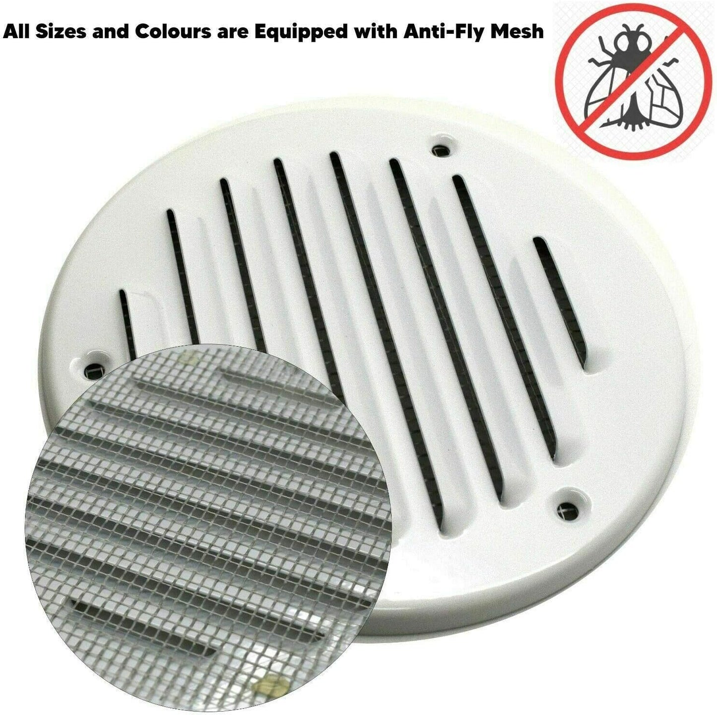 White Louvred Wall Vent Grille with Flyscreen, Fits 125 mm / 5 in Ducts, Round Ventilation Grille with Flat Back