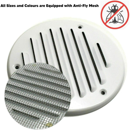 White Louvred Wall Vent Grille with Flyscreen, Fits 125 mm / 5 in Ducts, Round Ventilation Grille with Flat Back