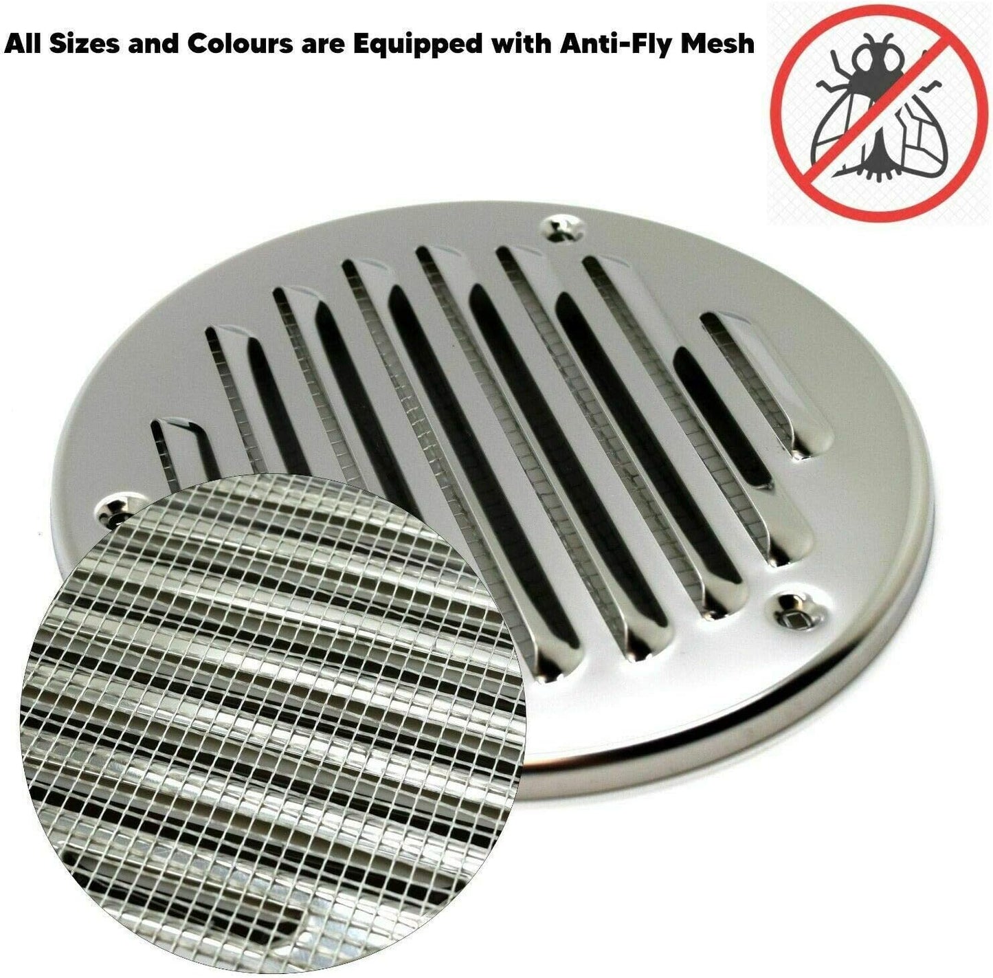 Chrome Louvred Wall Vent Grille with Flyscreen, Fits 125 mm / 5 in Ducts, Round Ventilation Grille with Flat Back