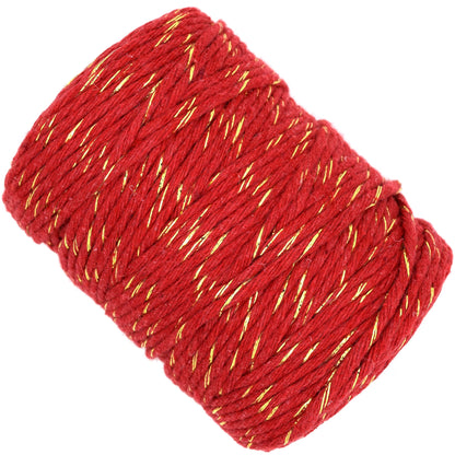Macrame Cord Twine Natural Cotton String Craft Artisan Thread Twisted Macramé (Red with Gold Thread, 3 mm x 200 m / 656 ft)