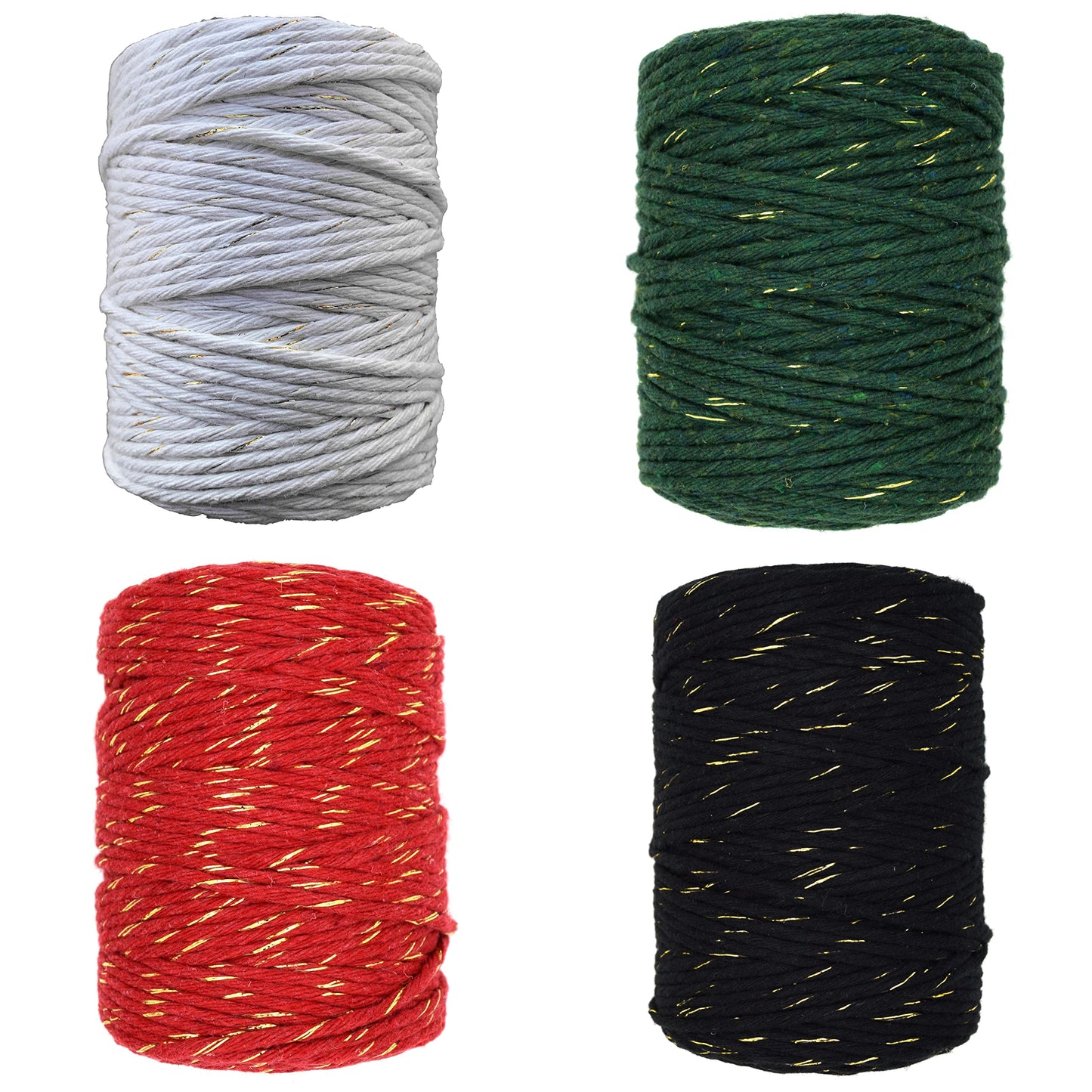 Macrame Cord Twine Natural Cotton String Craft Artisan Thread Twisted Macramé (Black with Gold Thread, 3 mm x 100 m / 328 ft)