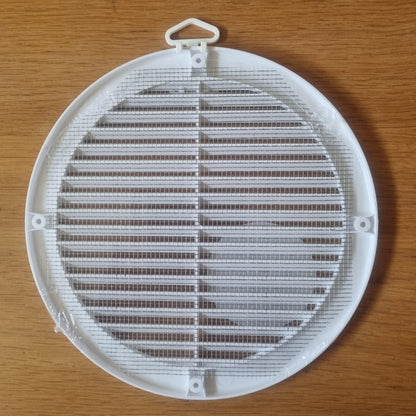 White Louvred Wall Vent Grille with Flyscreen and Screw Covers, 200 mm / 8 in, Air Ventilation Duct Cover with Flat Back
