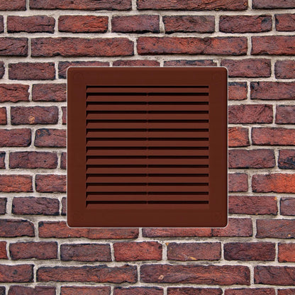 Brown Louvred Wall Vent Grille with Flyscreen and Screw Covers, 150 x 150 mm, Air Ventilation Duct Cover with Flat Back