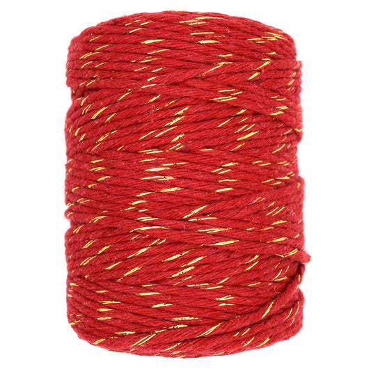 Macrame Cord Twine Natural Cotton String Craft Artisan Thread Twisted Macramé (Red with Gold Thread, 5 mm x 100 m / 328 ft)