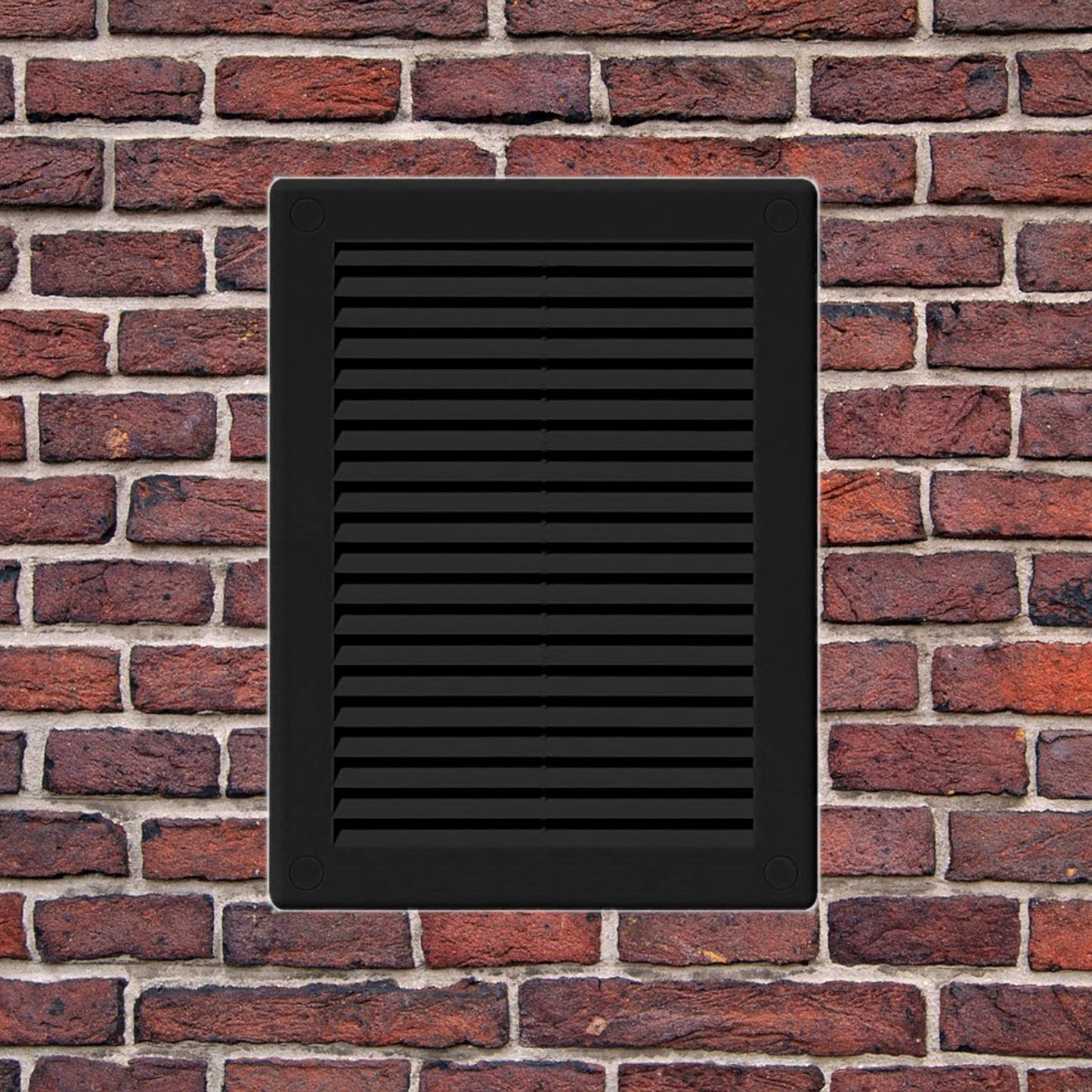 Black Louvred Wall Vent Grille with Flyscreen and Screw Covers, 180 x 250 mm, Air Ventilation Duct Cover with Flat Back