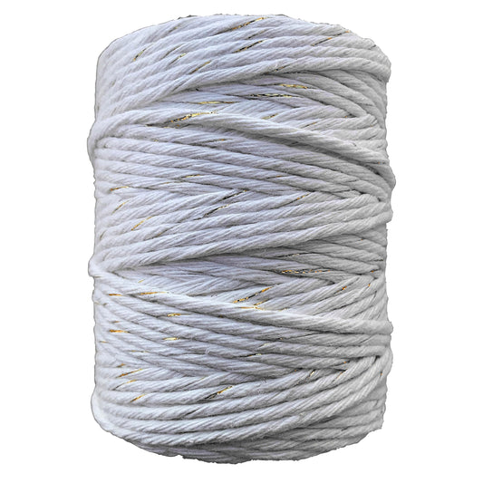 Macrame Cord Twine Natural Cotton String Craft Artisan Thread Twisted Macramé (White with Gold Thread, 5 mm x 100 m / 328 ft)