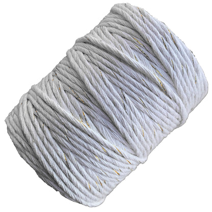 Macrame Cord Twine Natural Cotton String Craft Artisan Thread Twisted Macramé (White with Gold Thread, 3 mm x 100 m / 328 ft)