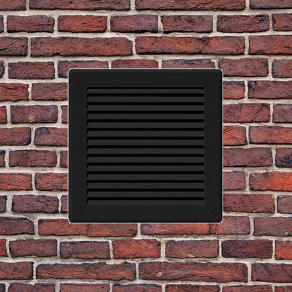 Black Louvred Wall Vent Grille with Flyscreen and Screw Covers, 250 x 250 mm, Air Ventilation Duct Cover with Flat Back
