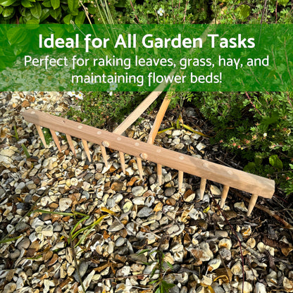 Wooden Agricultural Farming Garden Rake - 12 Teeth, 60 cm Wide, 130 cm Long - Lightweight and Durable Beech Wood Rake