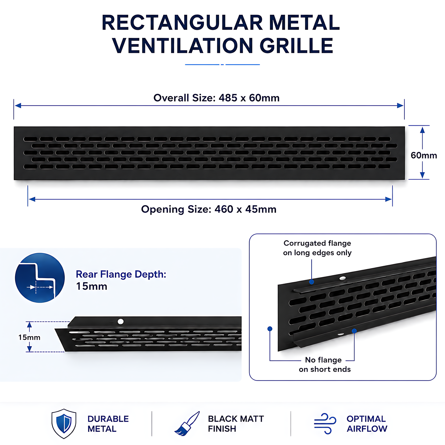 Rectangular Metal Ventilation Grille 460 x 45mm - Black Matt Colour - Air Vent Cover,  485 x 60mm Overall, 15mm Flange