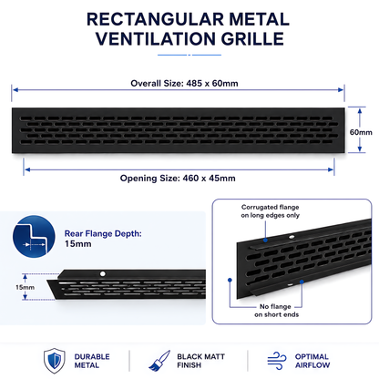 Rectangular Metal Ventilation Grille 460 x 45mm - Black Matt Colour - Air Vent Cover,  485 x 60mm Overall, 15mm Flange