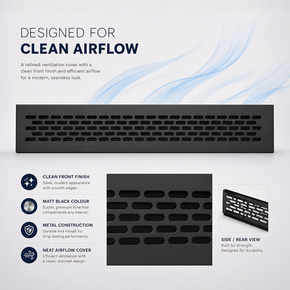 Rectangular Metal Ventilation Grille 460 x 45mm - Black Matt Colour - Air Vent Cover,  485 x 60mm Overall, 15mm Flange