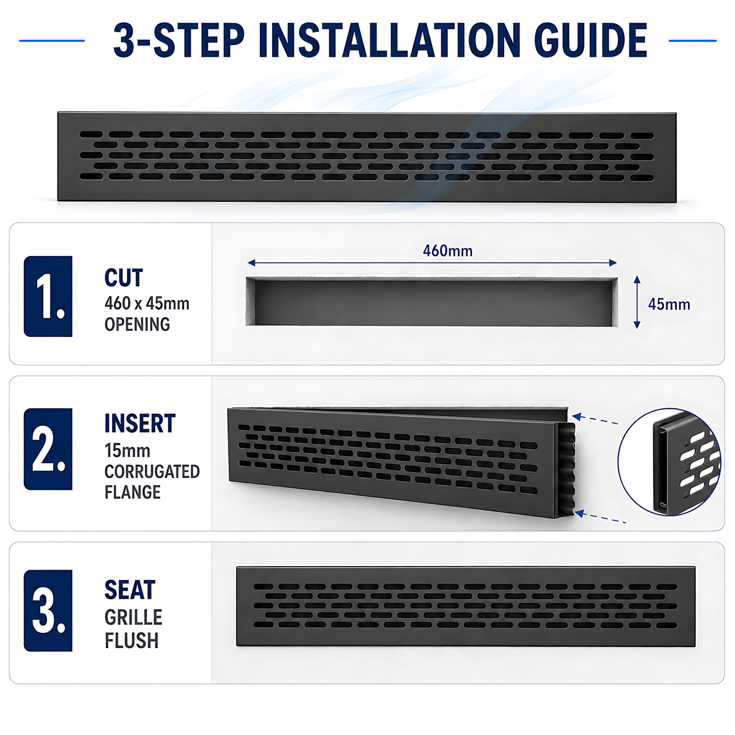 Rectangular Metal Ventilation Grille 460 x 45mm - Black Matt Colour - Air Vent Cover,  485 x 60mm Overall, 15mm Flange
