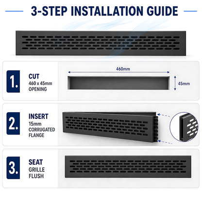 Rectangular Metal Ventilation Grille 460 x 45mm - Black Matt Colour - Air Vent Cover,  485 x 60mm Overall, 15mm Flange