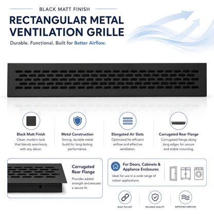 Rectangular Metal Ventilation Grille 460 x 45mm - Black Matt Colour - Air Vent Cover,  485 x 60mm Overall, 15mm Flange