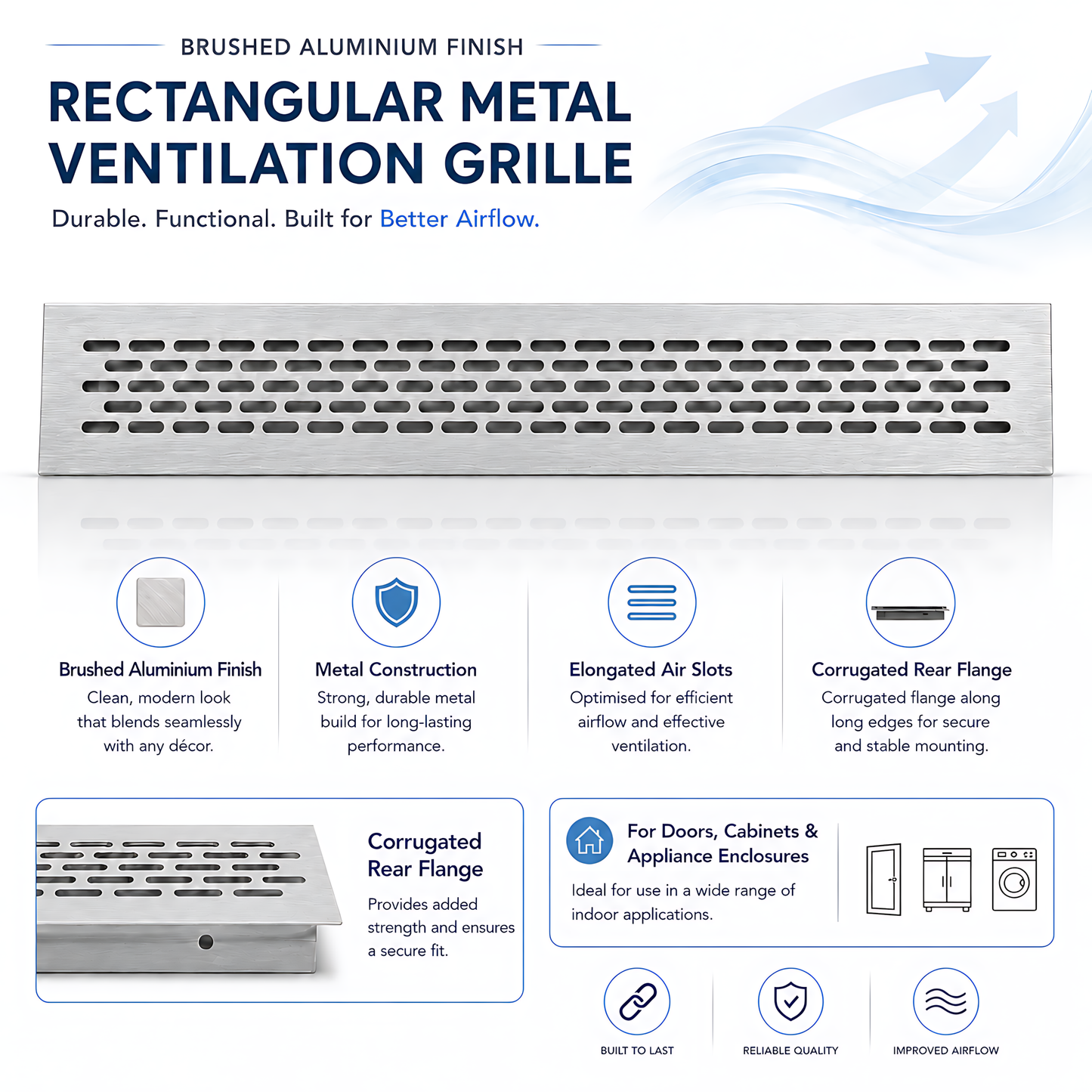 Rectangular Metal Ventilation Grille 460 x 45mm - Brushed Aluminium Colour - Air Vent Cover,  485 x 60mm Overall, 15mm Flange