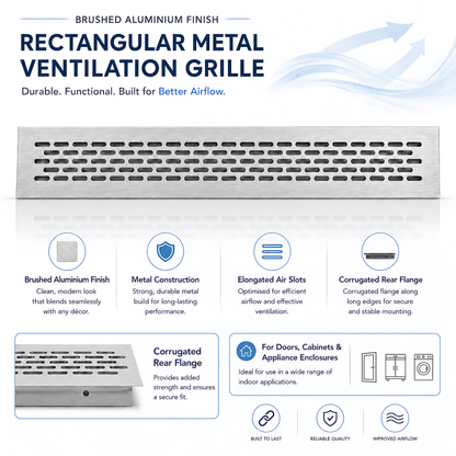 Rectangular Metal Ventilation Grille 460 x 45mm - Brushed Aluminium Colour - Air Vent Cover,  485 x 60mm Overall, 15mm Flange