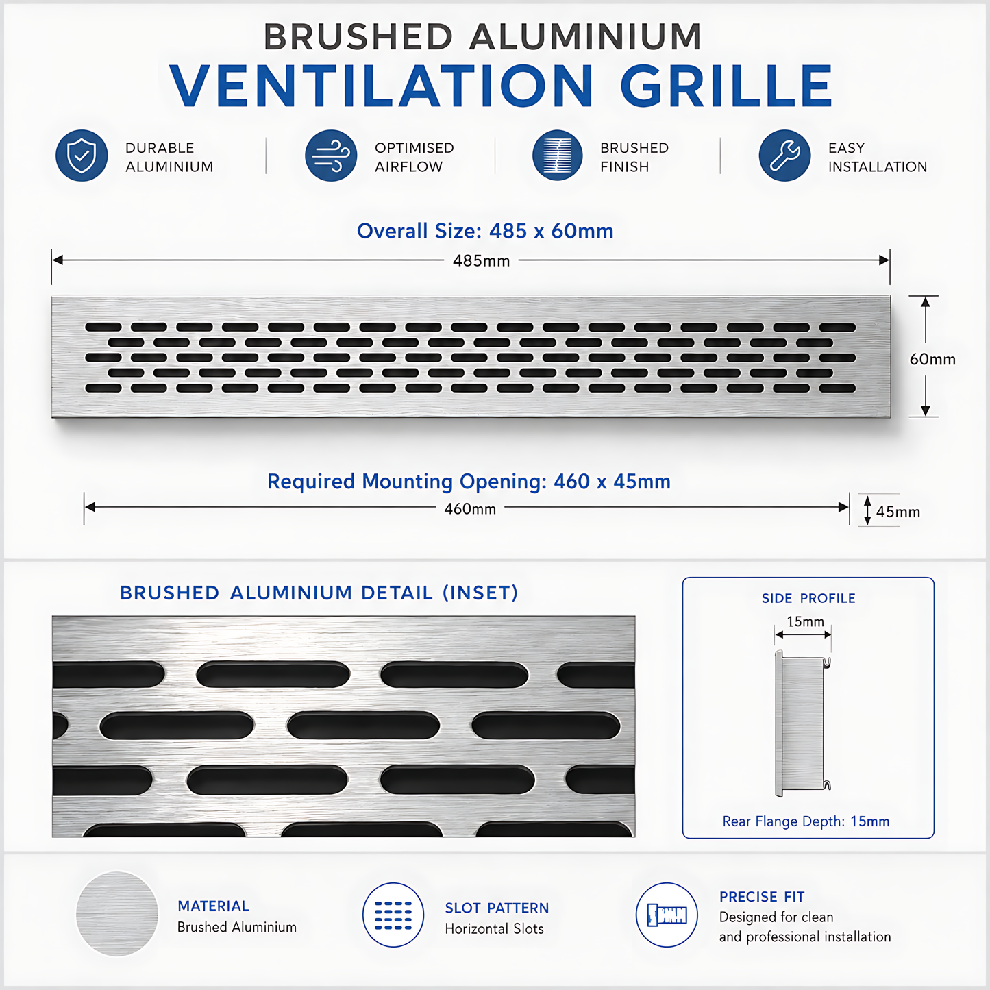 Rectangular Metal Ventilation Grille 460 x 45mm - Brushed Aluminium Colour - Air Vent Cover,  485 x 60mm Overall, 15mm Flange
