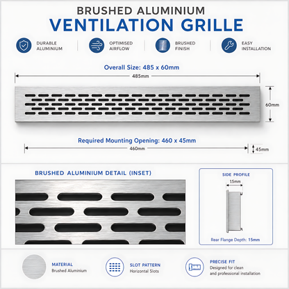 Rectangular Metal Ventilation Grille 460 x 45mm - Brushed Aluminium Colour - Air Vent Cover,  485 x 60mm Overall, 15mm Flange